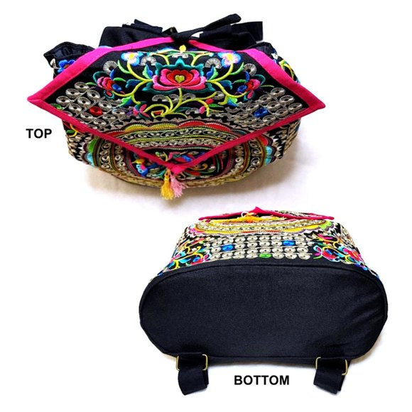 Embroidery Black Backpack Red Blue Boho Geometric Shapes FloralBird Shoulder Bag - Picture 3 of 12